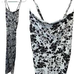 Revamped Blue Black Floral Empire Waist Stretchy Maxi Dress Side Slit Size M